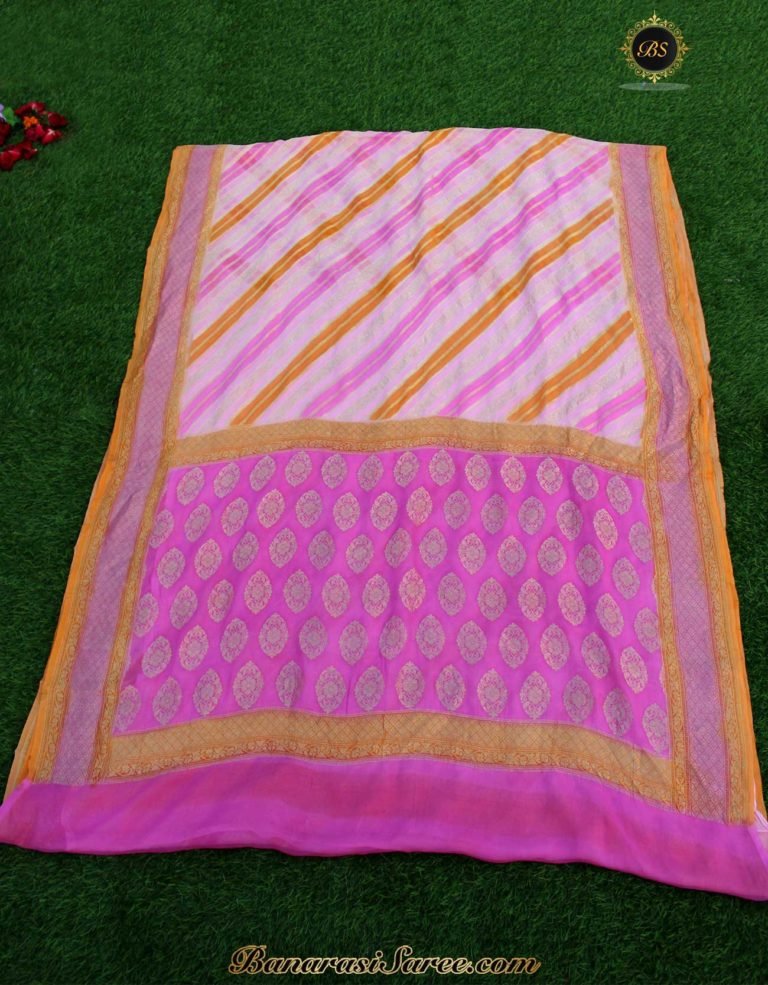 Pure Banarasi Handloom Khaddi Chiffon Pink Shades Rangkat Saree - Image 4