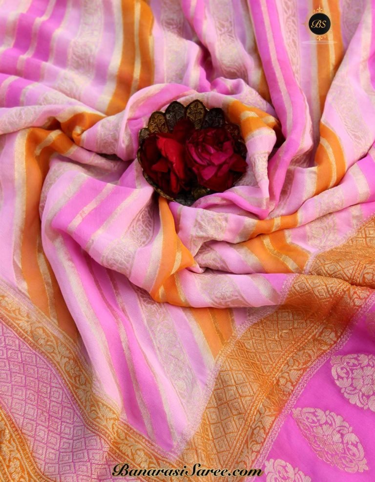 Pure Banarasi Handloom Khaddi Chiffon Pink Shades Rangkat Saree - Image 2