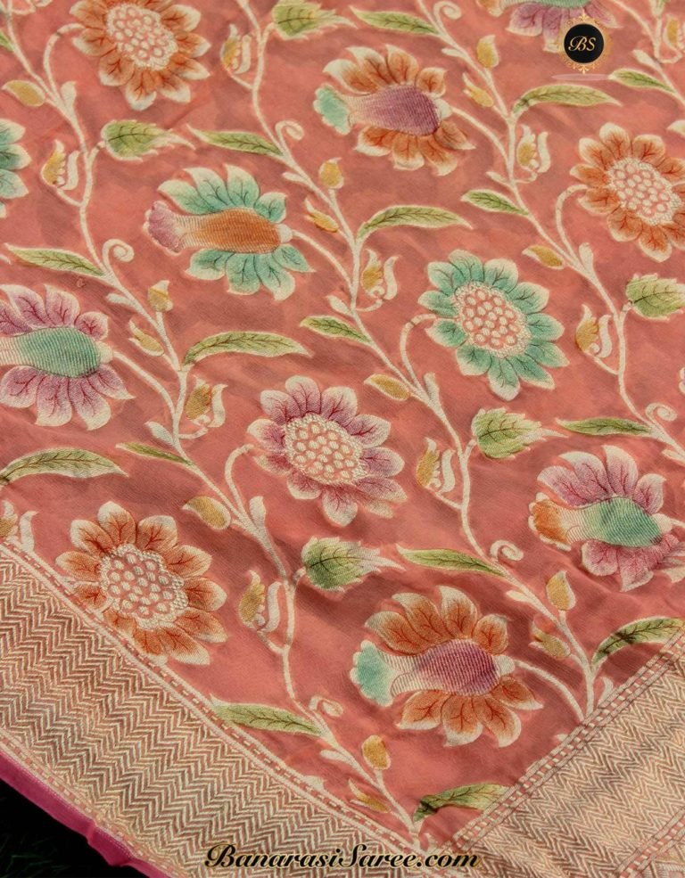 Pure Banarasi Handloom Khaddi Chiffon Peach Color Meena Saree - Image 2