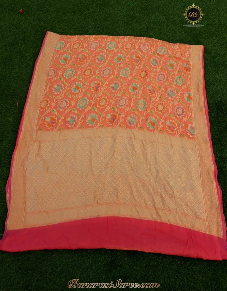 Pure Banarasi Handloom Khaddi Chiffon Peach Color Meena Saree - Image 3