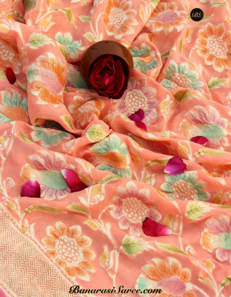 Pure Banarasi Handloom Khaddi Chiffon Peach Color Meena Saree
