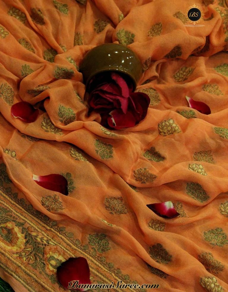 Pure Banarasi Handloom Khaddi Chiffon Orange Color Antique Zari Saree