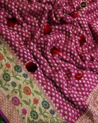 Pure Banarasi Handloom Khaddi Chiffon Fushcia Pink Color Saree