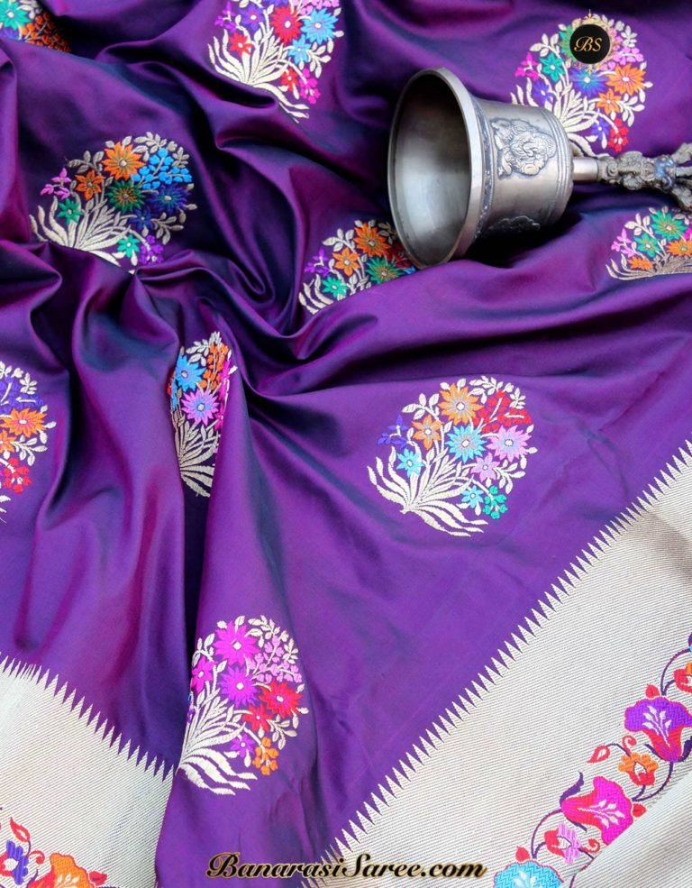 Pure Banarasi Handloom Katan Silk Magenta Meena Boota Saree