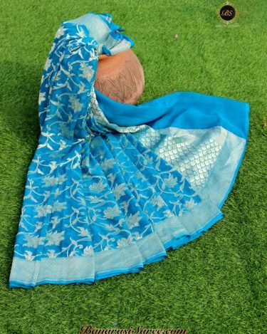 Pure Banarasi Handloom Khaddi Chiffon Blue Zari Jaal Saree