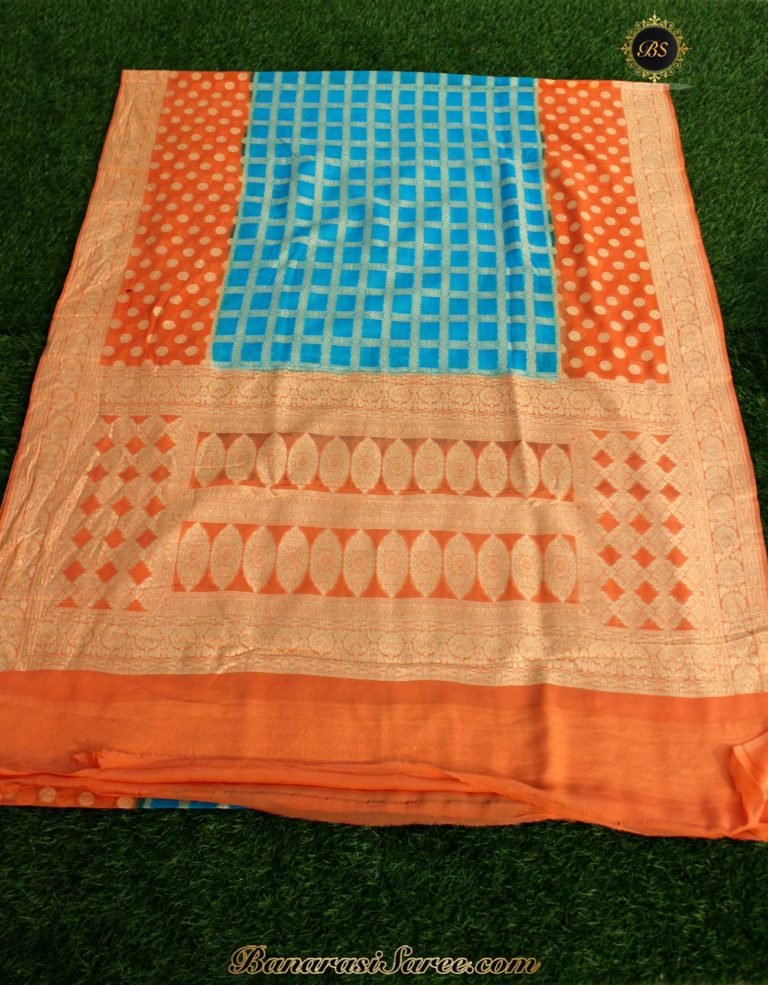Pure Banarasi Handloom Khaddi Chiffon Skyblue-Orange Checkered Saree - Image 3