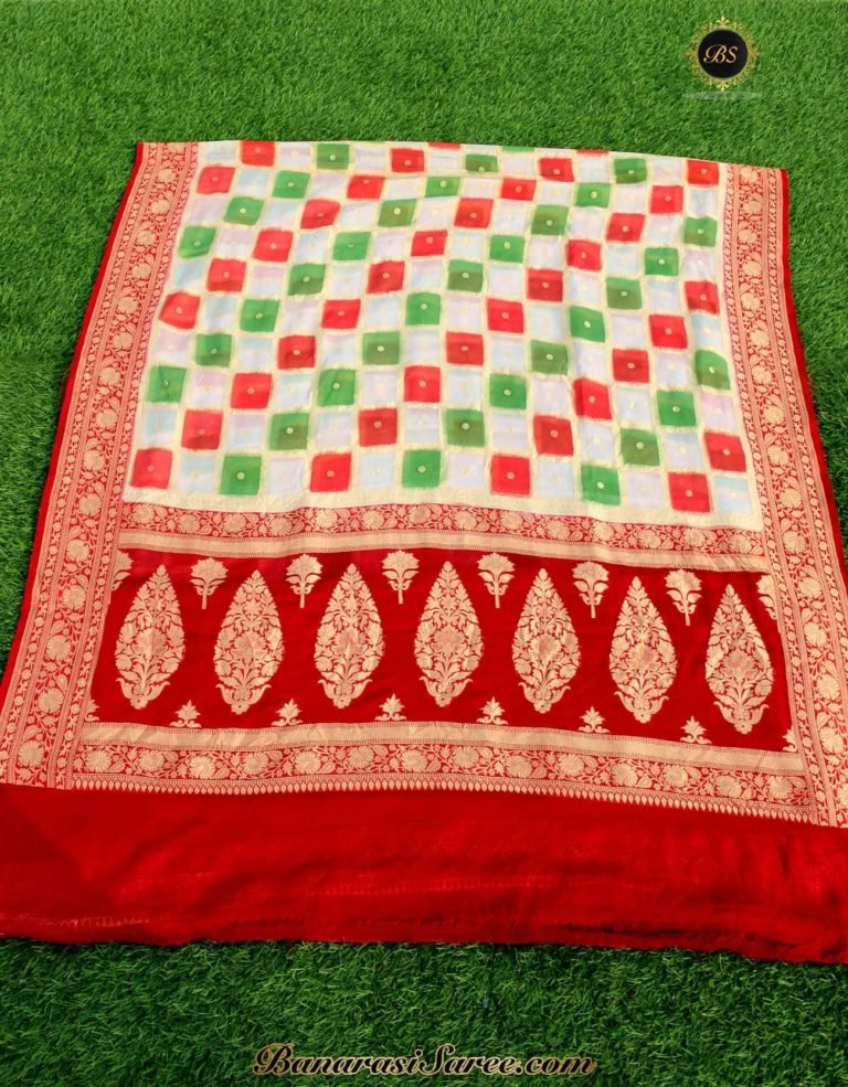 Pure Banarasi Handloom Khaddi Chiffon Multicolor Checkered Saree - Image 3