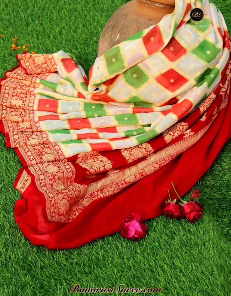 Pure Banarasi Handloom Khaddi Chiffon Multicolor Checkered Saree