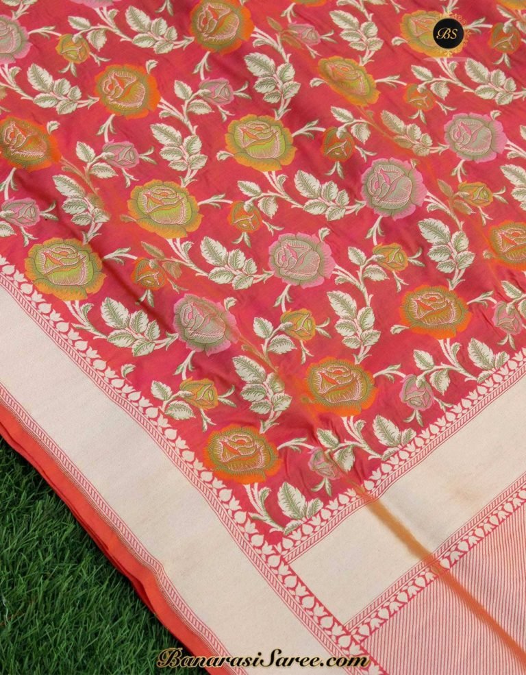 Pure Banarasi Handloom Katan Silk Peach Color Cutwork Patola Saree - Image 2