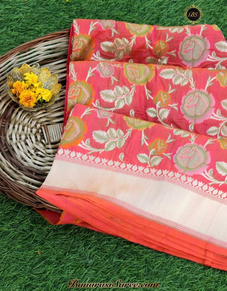 Pure Banarasi Handloom Katan Silk Peach Color Cutwork Patola Saree