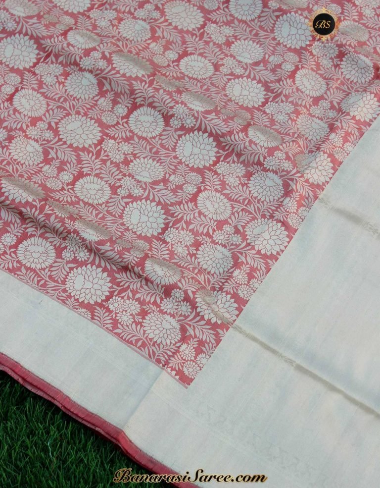Pure Banarasi Handloom Katan Silk Pastel Peach Resham Vasket Saree - Image 2