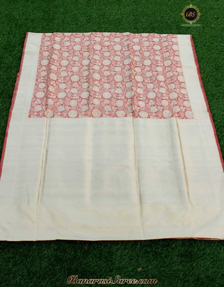 Pure Banarasi Handloom Katan Silk Pastel Peach Resham Vasket Saree - Image 4