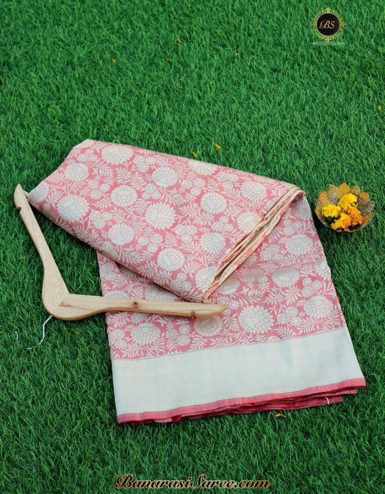Pure Banarasi Handloom Katan Silk Pastel Peach Resham Vasket Saree