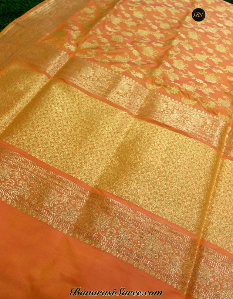 Pure Banarasi Handloom Katan Silk Peach Color Zari Jaal Saree - Image 2
