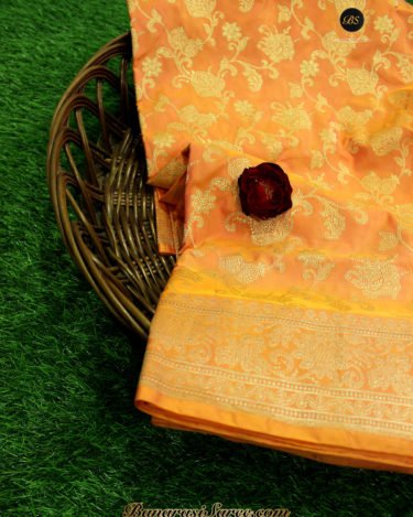 Pure Banarasi Handloom Katan Silk Peach Color Zari Jaal Saree