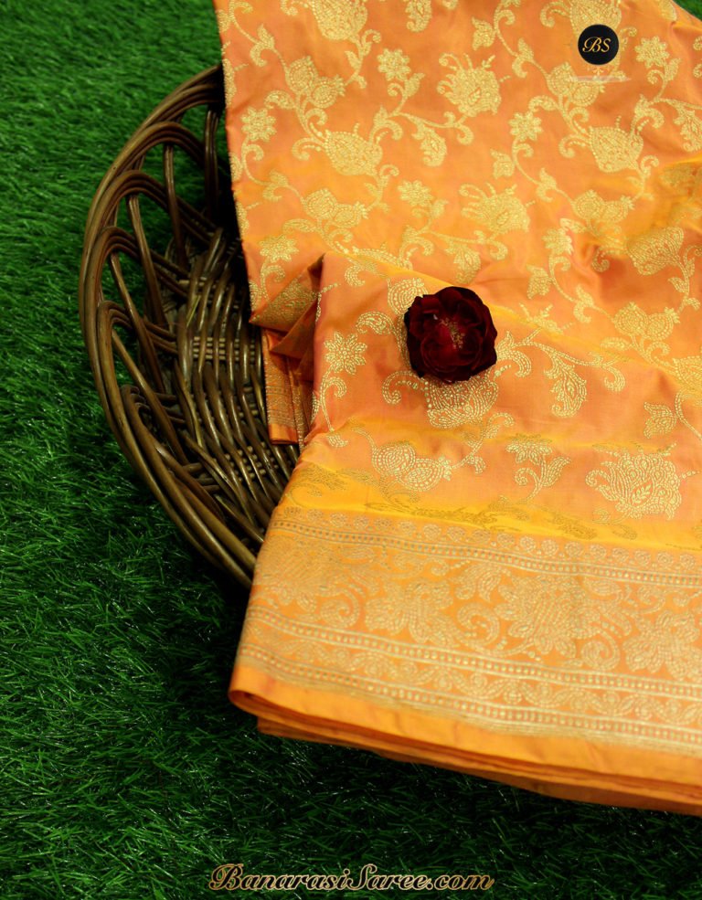 Pure Banarasi Handloom Katan Silk Peach Color Zari Jaal Saree