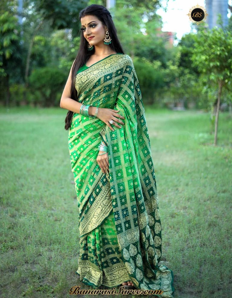 Pure Banarasi Handloom Green Color Bandhani Saree