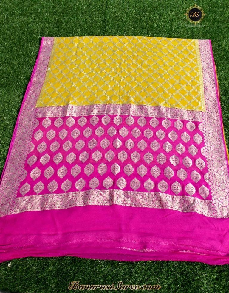 Pure Banarasi Handloom Khaddi Chiffon Lemon-Yellow Color Saree - Image 3