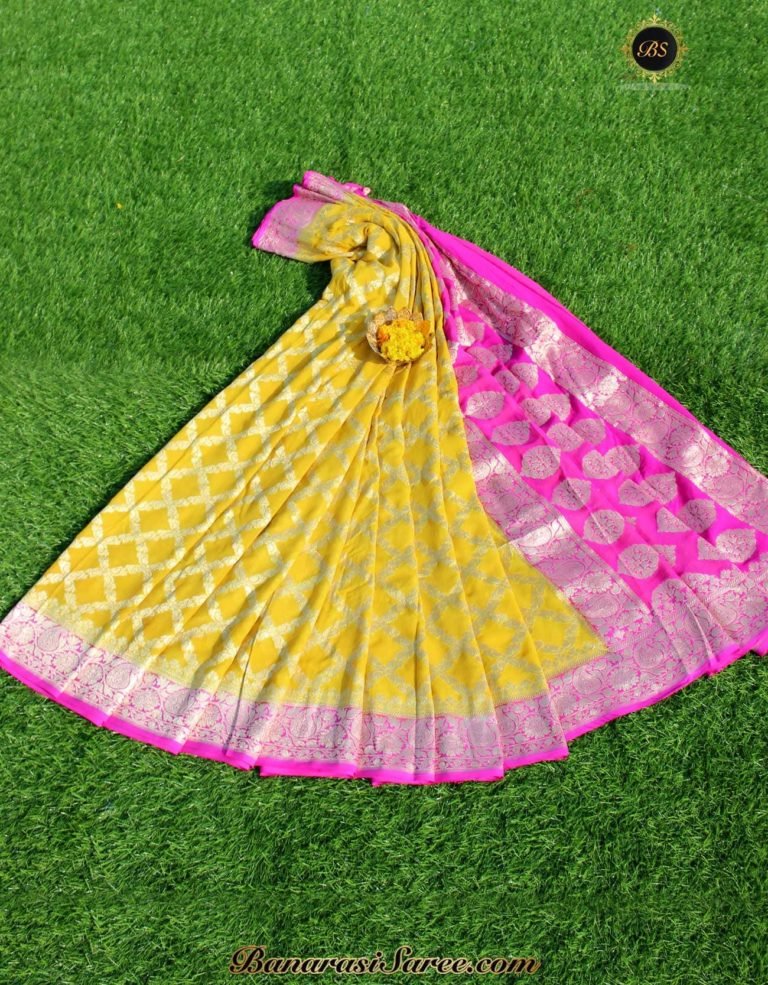 Pure Banarasi Handloom Khaddi Chiffon Lemon-Yellow Color Saree