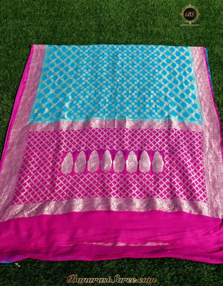 Pure Banarasi Handloom Khaddi Chiffon Blue Color Saree - Image 3
