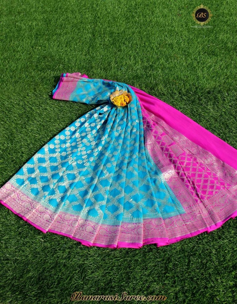 Pure Banarasi Handloom Khaddi Chiffon Blue Color Saree
