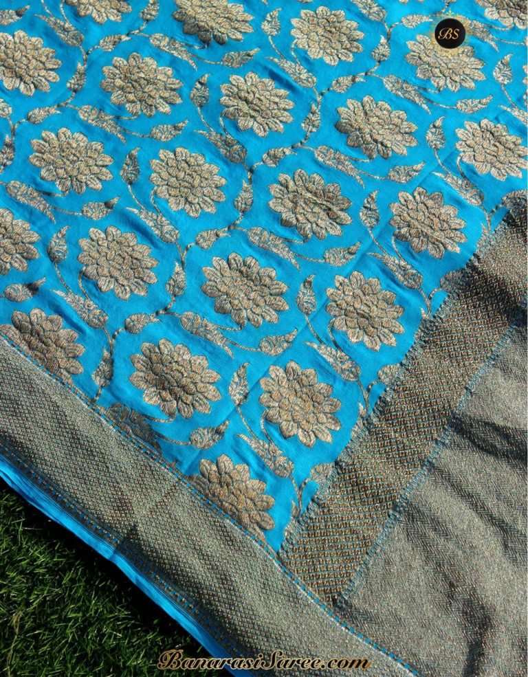 Pure Banarasi Handloom Khaddi Chiffon Blue Antique Zari Jaal Saree - Image 2