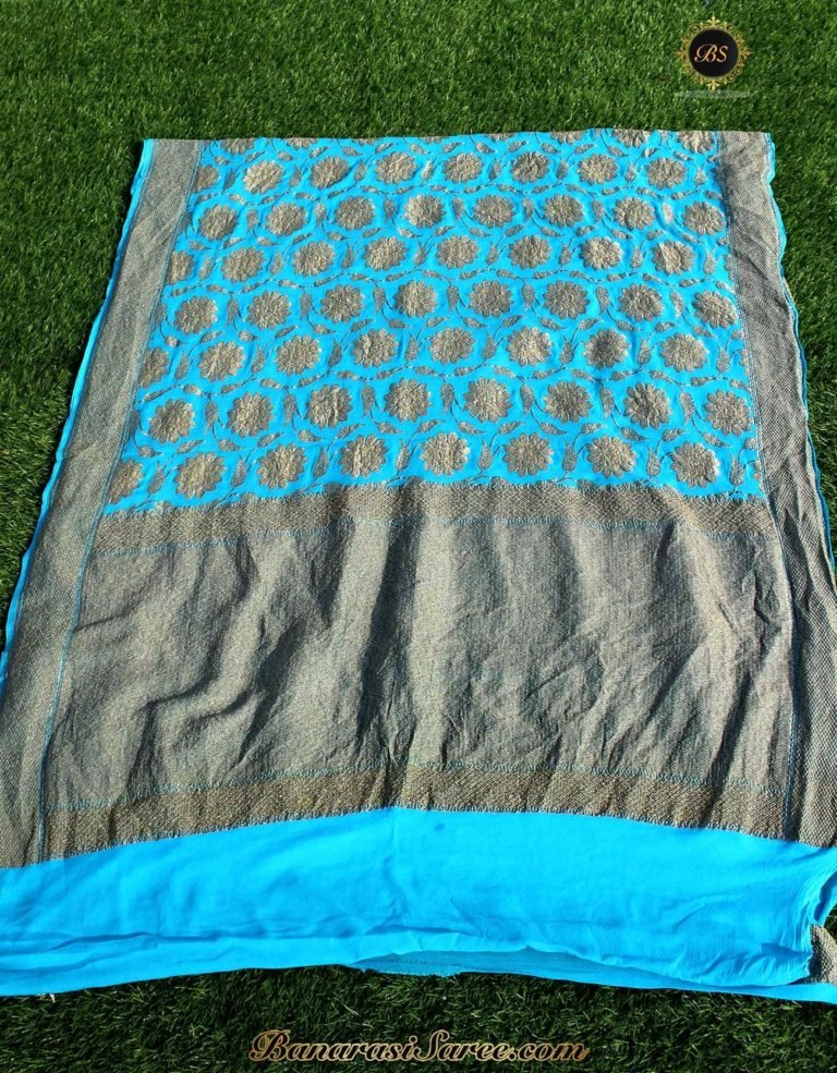 Pure Banarasi Handloom Khaddi Chiffon Blue Antique Zari Jaal Saree - Image 3