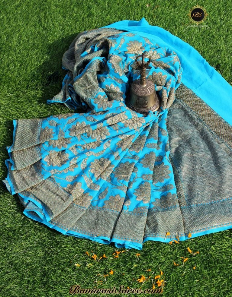 Pure Banarasi Handloom Khaddi Chiffon Blue Antique Zari Jaal Saree