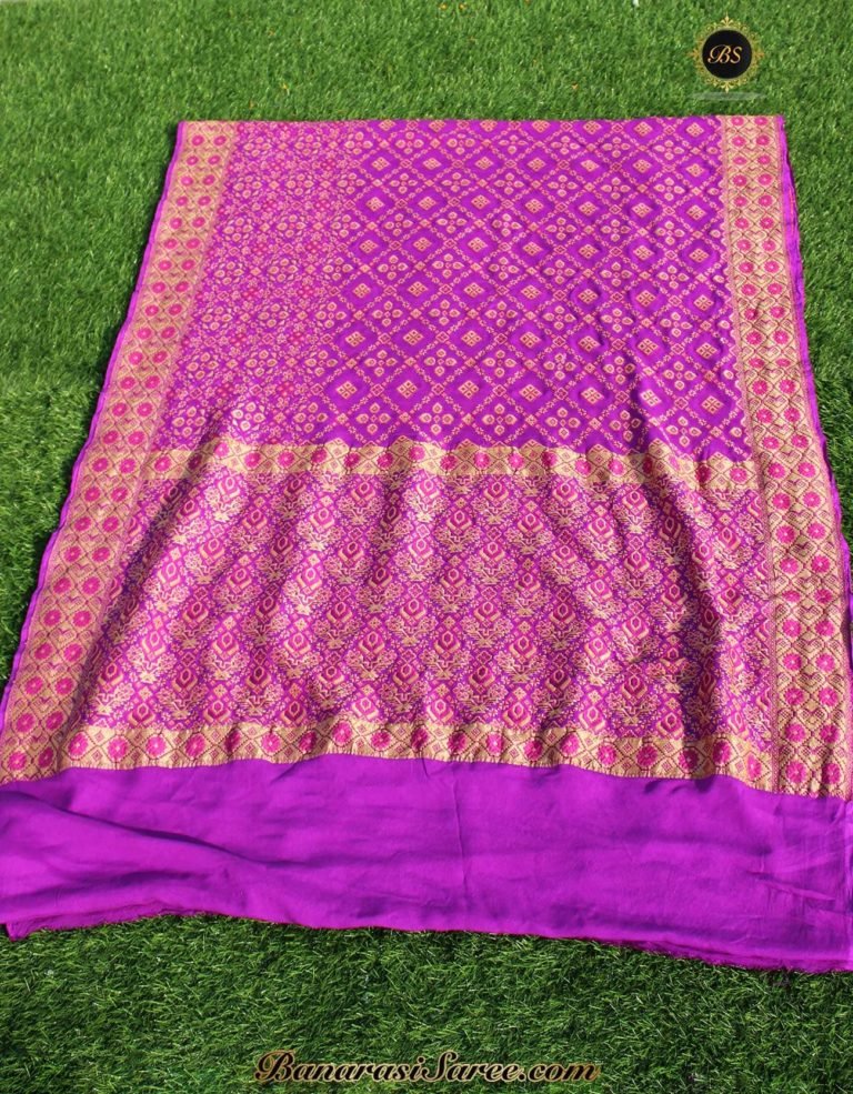 Pure Banarasi Handloom Khaddi Chiffon Purple Color Gharchola Saree - Image 3