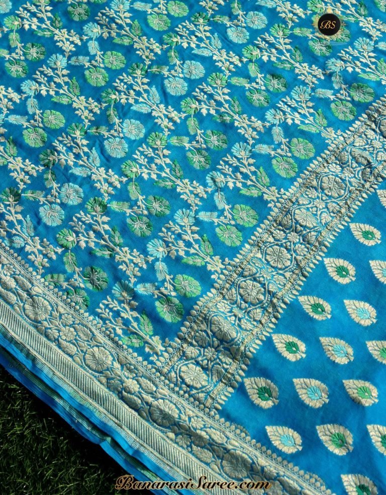 Pure Banarasi Handloom Khaddi Chiffon Blue Color Alfi Meena Saree - Image 2