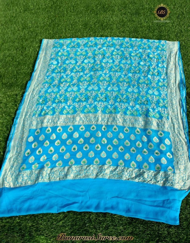 Pure Banarasi Handloom Khaddi Chiffon Blue Color Alfi Meena Saree - Image 3