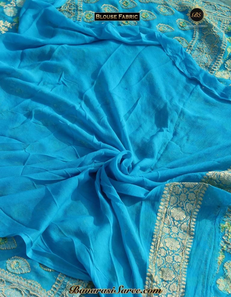 Pure Banarasi Handloom Khaddi Chiffon Blue Color Alfi Meena Saree - Image 4