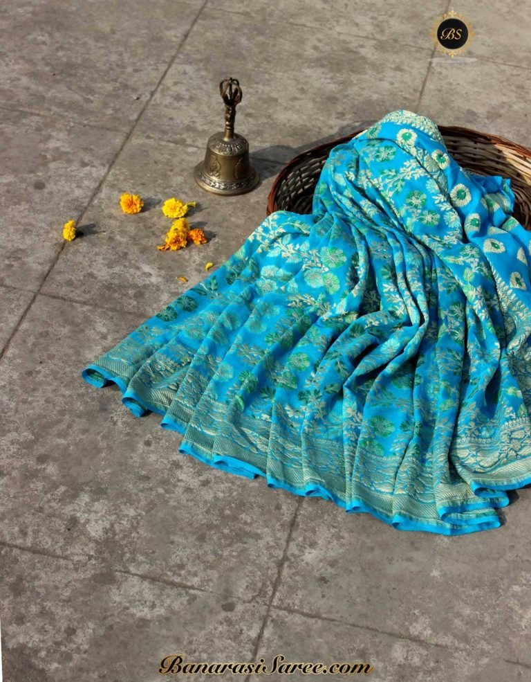Pure Banarasi Handloom Khaddi Chiffon Blue Color Alfi Meena Saree