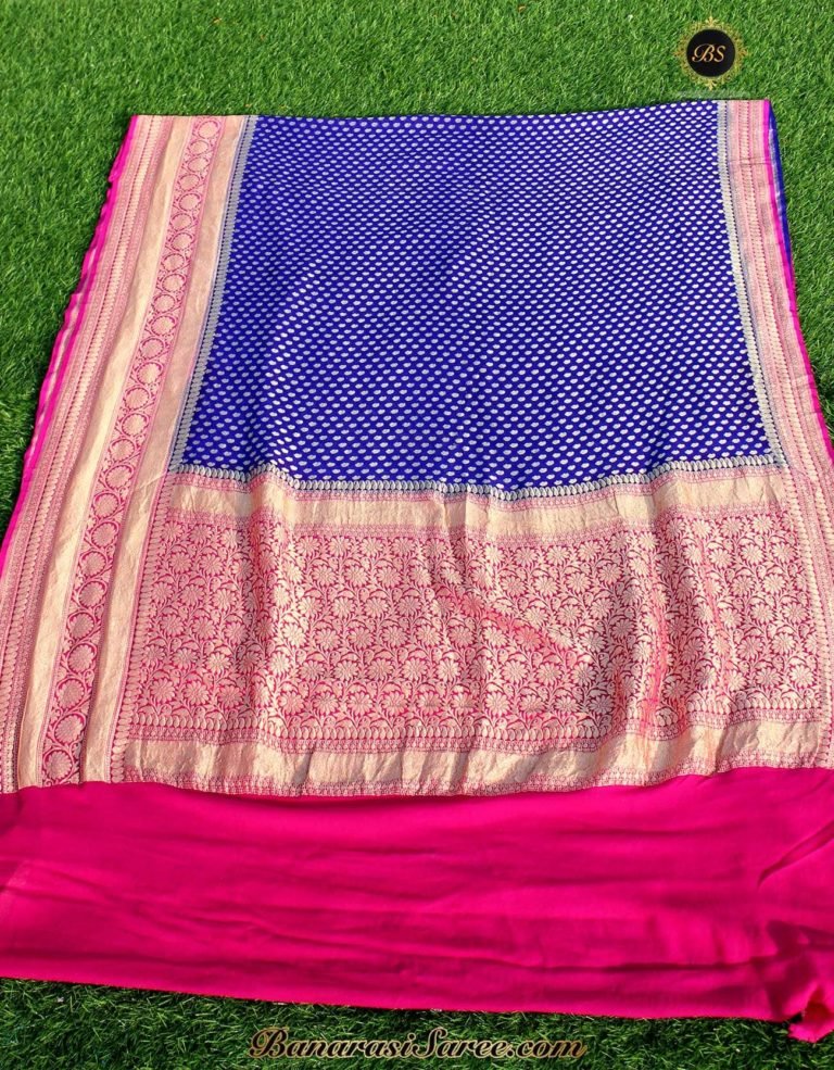 Pure Banarasi Handloom Khaddi Chiffon Royal Blue Color Skirt Border Saree - Image 3