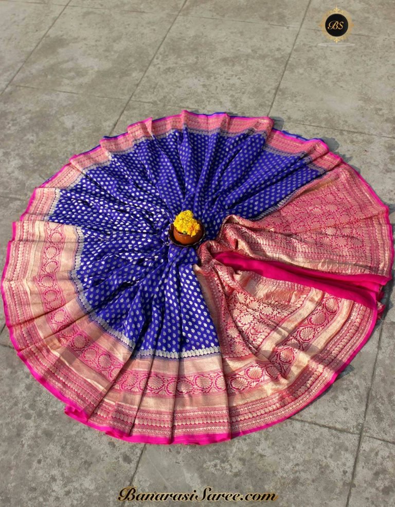 Pure Banarasi Handloom Khaddi Chiffon Royal Blue Color Skirt Border Saree