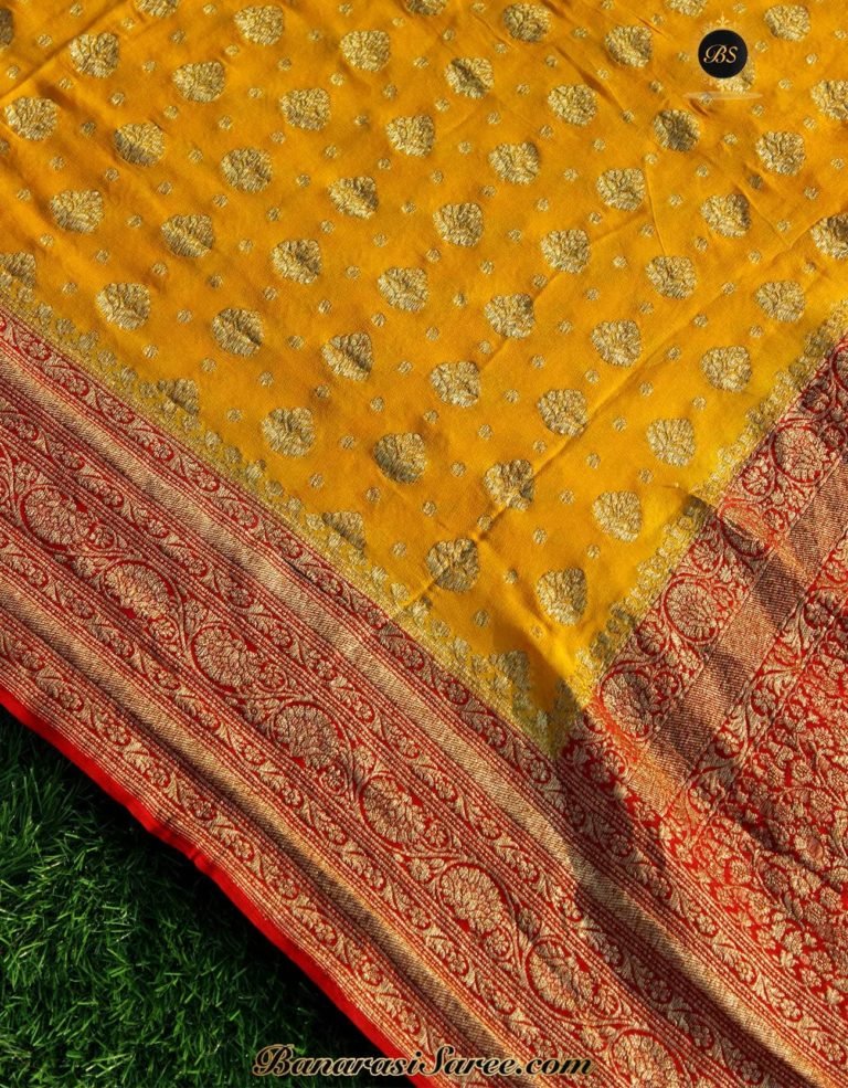 Pure Banarasi Handloom Khaddi Chiffon Mustard Color Neem Zari Booty Saree - Image 2