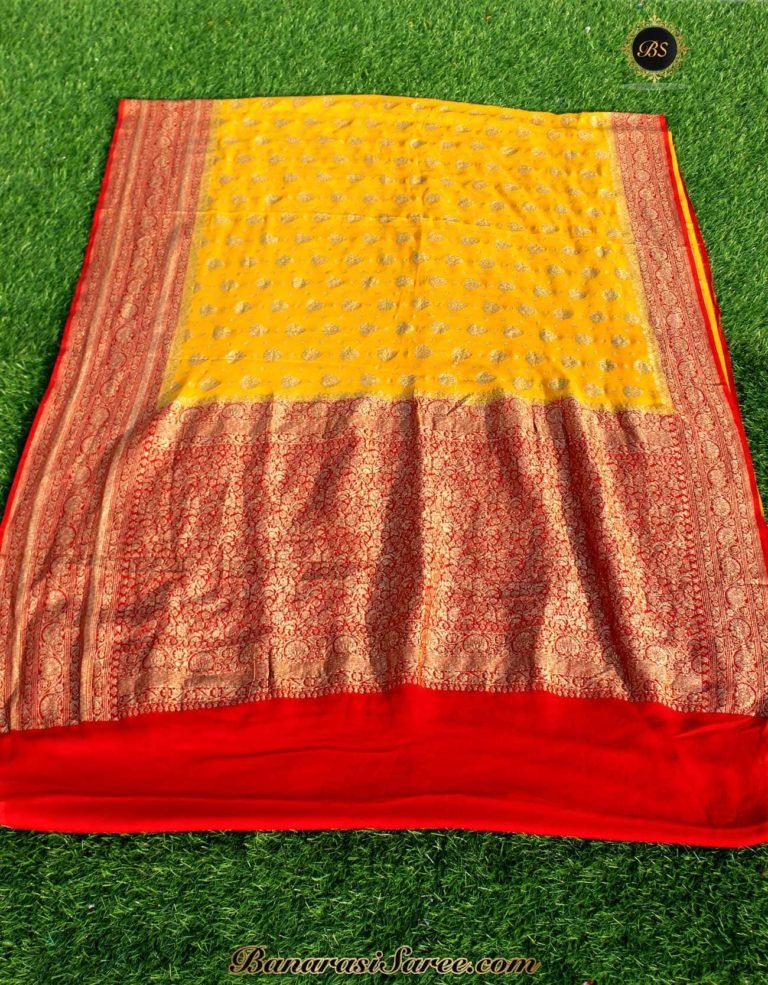 Pure Banarasi Handloom Khaddi Chiffon Mustard Color Neem Zari Booty Saree - Image 3