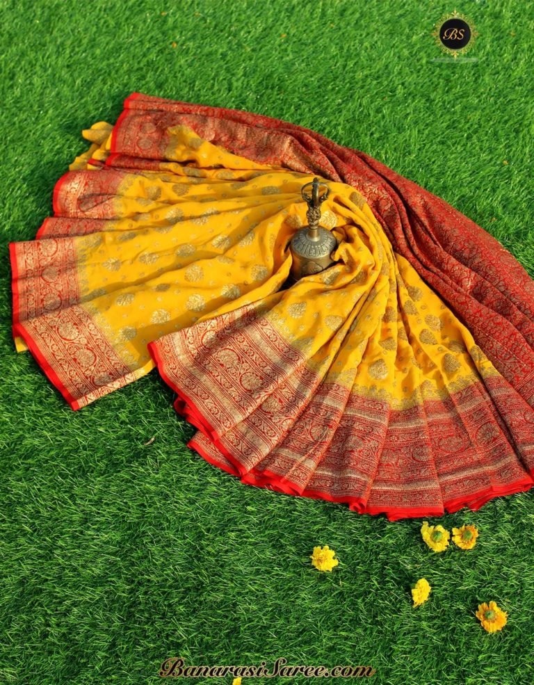 Pure Banarasi Handloom Khaddi Chiffon Mustard Color Neem Zari Booty Saree