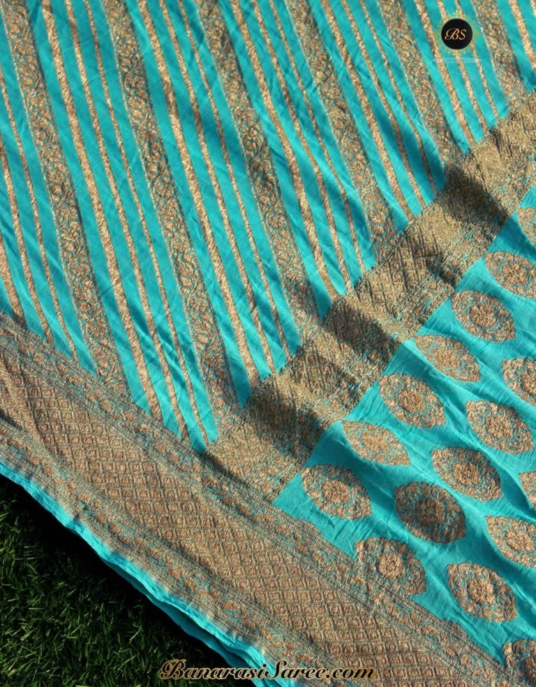 Pure Banarasi Handloom Khaddi Chiffon Teal Blue Color Saree - Image 2
