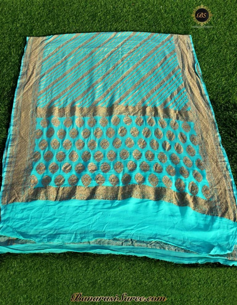 Pure Banarasi Handloom Khaddi Chiffon Teal Blue Color Saree - Image 3
