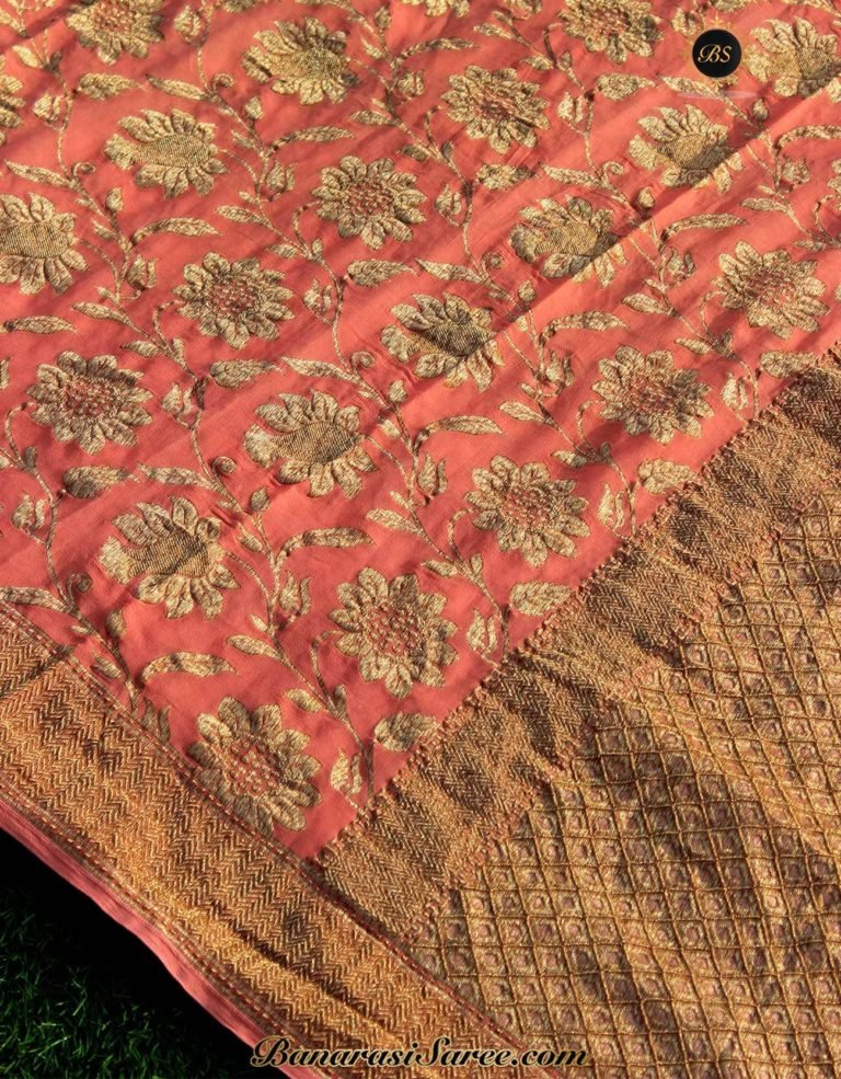 Pure Banarasi Handloom Khaddi Chiffon Rust Orange Color Saree - Image 2