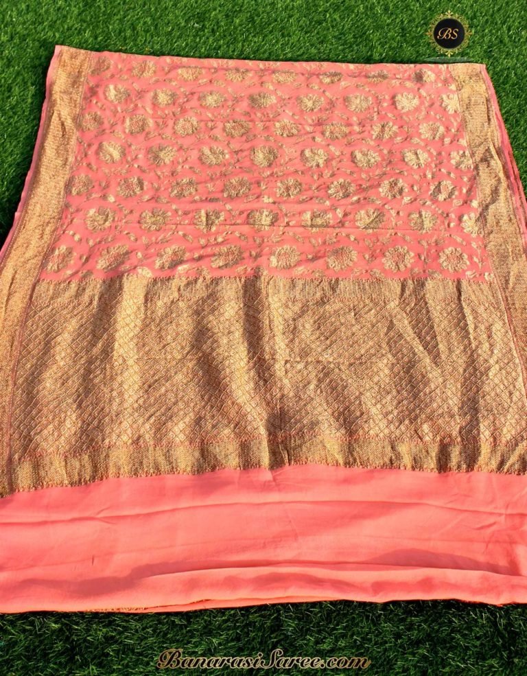 Pure Banarasi Handloom Khaddi Chiffon Rust Orange Color Saree - Image 3