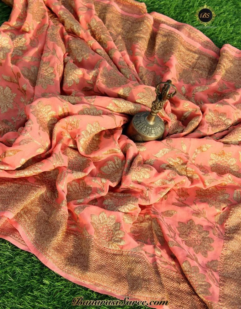 Pure Banarasi Handloom Khaddi Chiffon Rust Orange Color Saree