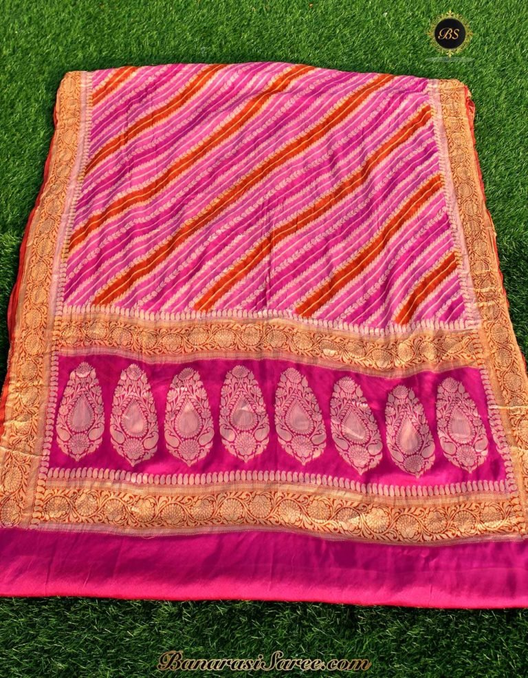 Pure Banarasi Handloom Khaddi Chiffon Pink-Orange Rangkat Saree - Image 3