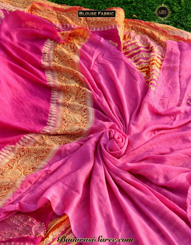 Pure Banarasi Handloom Khaddi Chiffon Pink-Orange Rangkat Saree - Image 4
