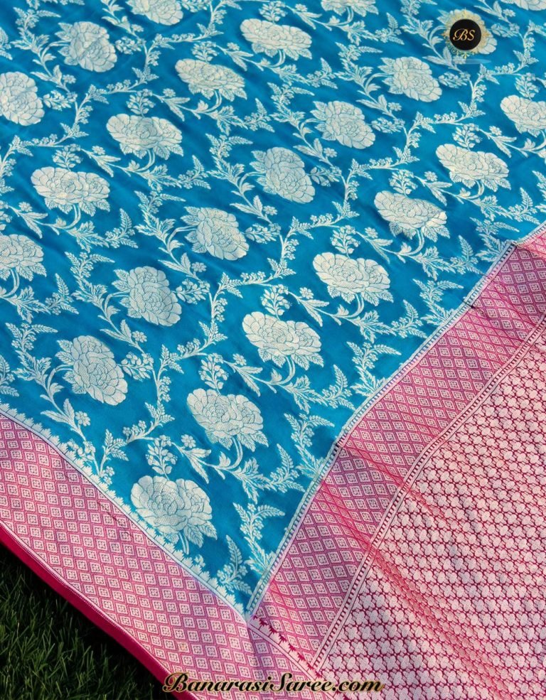 Pure Banarasi Handloom Khaddi Chiffon Skyblue- Pink Zari Jaal Saree - Image 2