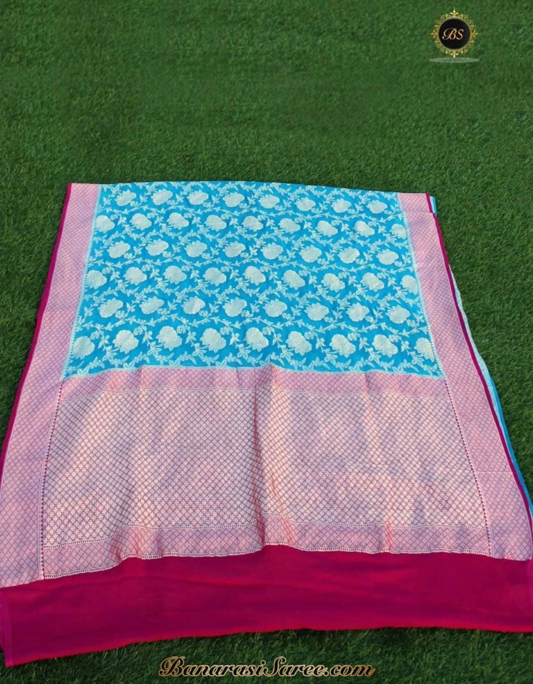 Pure Banarasi Handloom Khaddi Chiffon Skyblue- Pink Zari Jaal Saree - Image 3