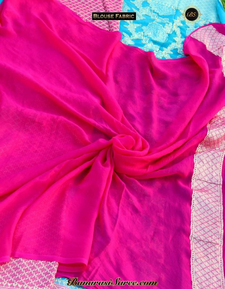 Pure Banarasi Handloom Khaddi Chiffon Skyblue- Pink Zari Jaal Saree - Image 4