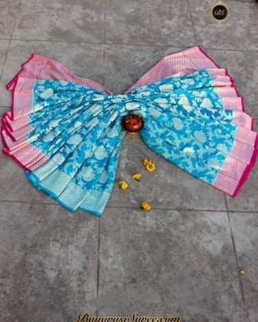 Pure Banarasi Handloom Khaddi Chiffon Skyblue- Pink Zari Jaal Saree