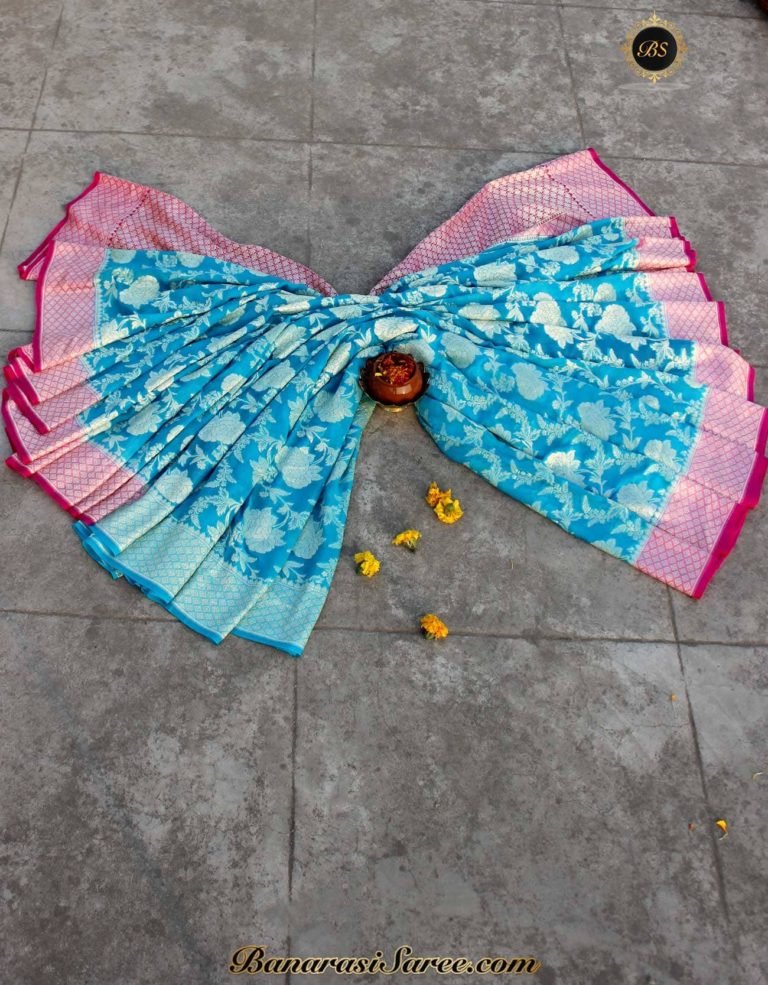 Pure Banarasi Handloom Khaddi Chiffon Skyblue- Pink Zari Jaal Saree